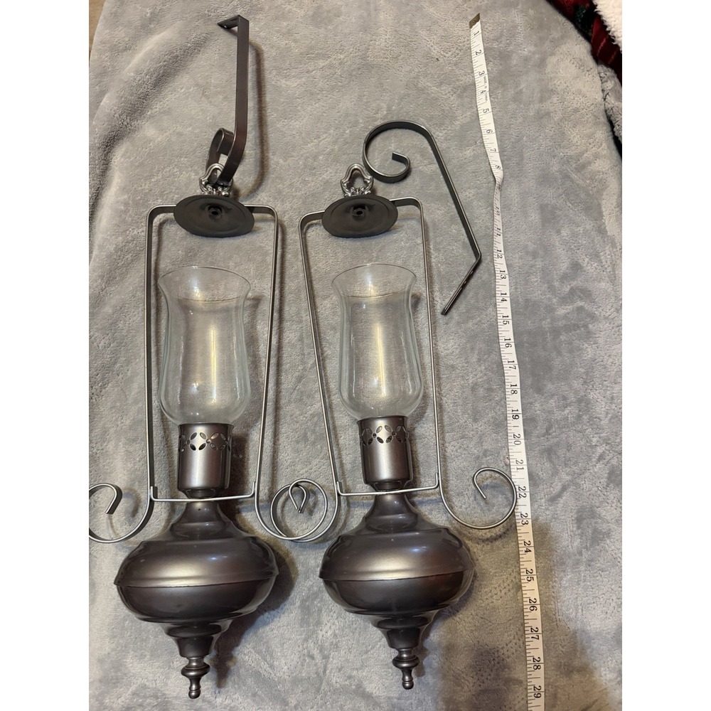 Set of 2 Hanging Wall Candle Lantern Sconces Metal Glass Hurricane